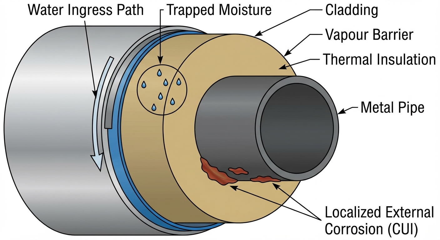 Cutaway of insulated metal pipe showing water ingress, trapped moisture and localized external corrosion under insulation (CUI)