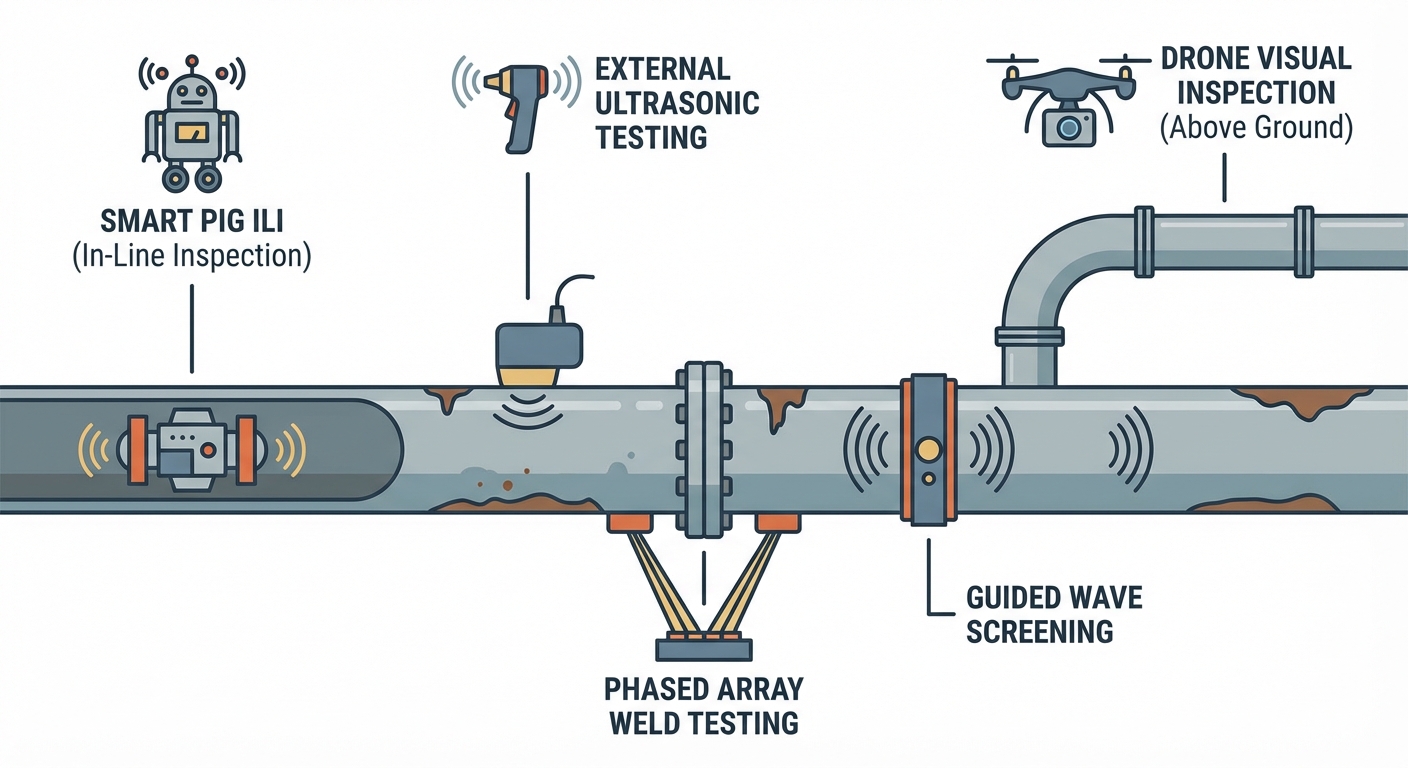 Aging steel pipeline with corrosion inspected by smart pig ILI, ultrasonics, phased array weld testing, guided wave screening and drone visuals