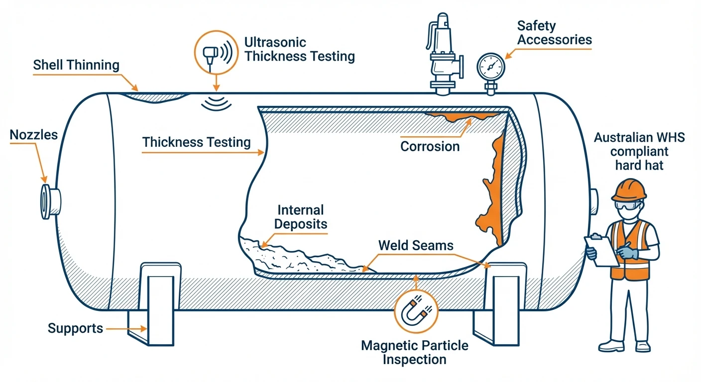 Annotated diagram of an air receiver tank showing inspection scope for AS/NZS 3788: corrosion, shell thinning, weld seams, deposits and testing methods