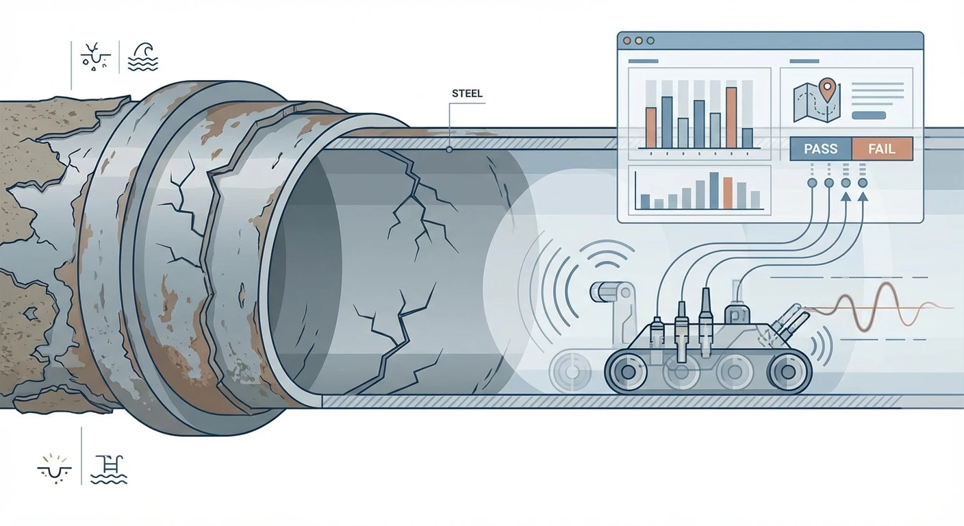 Cutaway of corroded aging pipeline with smart NDT inspection crawler sending pass/fail integrity data to monitoring dashboard