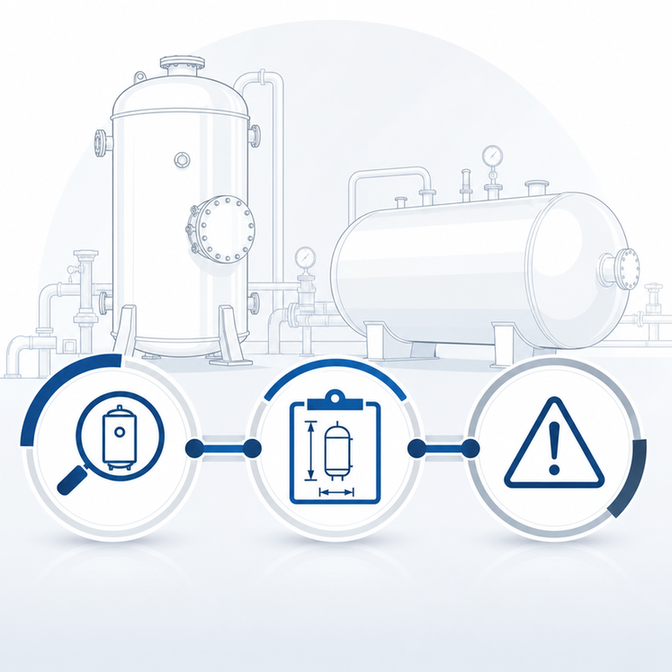 Diagram of pressure vessels, inspection checklist and warning icon illustrating AS/NZS 3788 safety compliance for owners