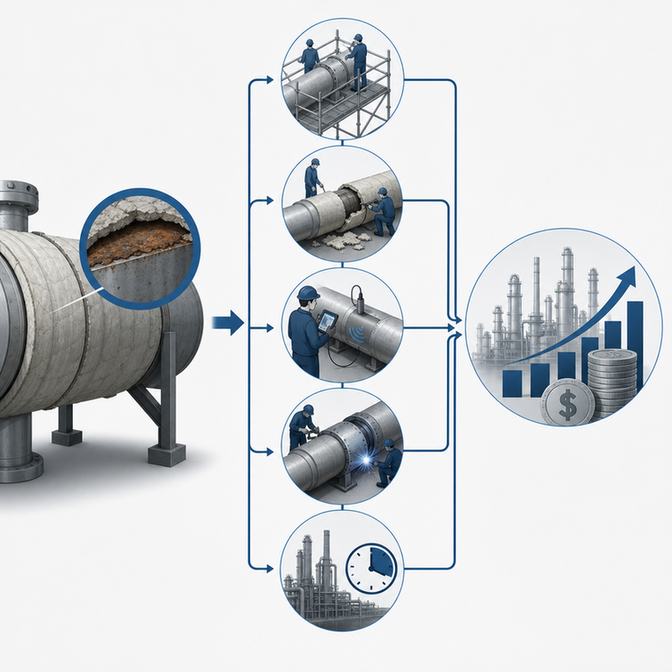 Diagram showing corrosion under insulation on industrial pipe, leading from inspection to costly plant downtime and rising lifecycle repair costs