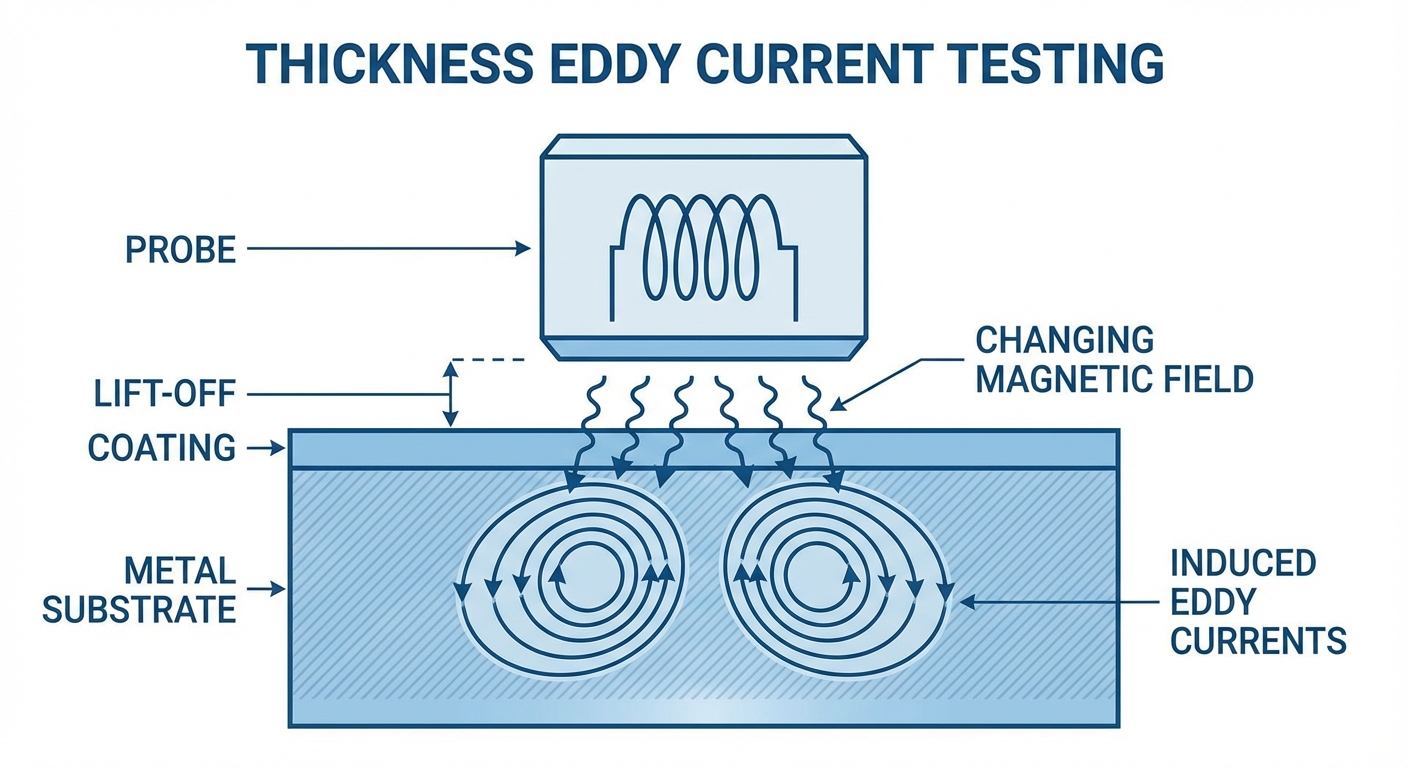Diagram showing eddy current thickness testing probe inducing coils and currents in coated metal to illustrate lift-off and magnetic field changes