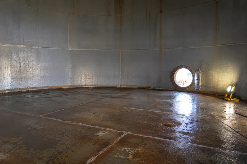 Interior of an empty storage tank showing lap-welded floor plates and an open manway