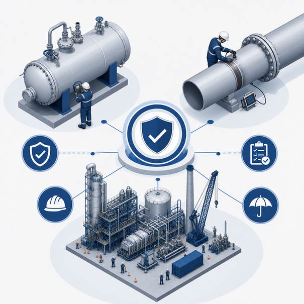 Engineer inspecting industrial vessels and pipelines around a secure plant, illustrating ISO 17020 Type A independent NDT inspections