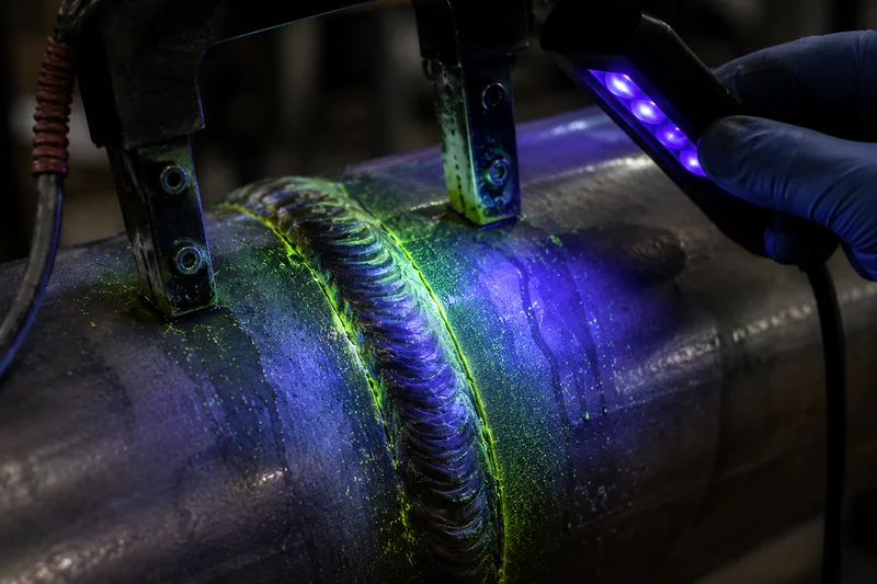 Fluorescent magnetic particle indication tracing a crack along the toe of a pipe weld under ultraviolet light