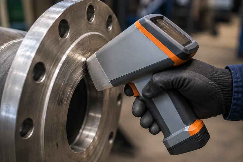 Handheld alloy analyser being used to verify the composition of a steel pipe flange