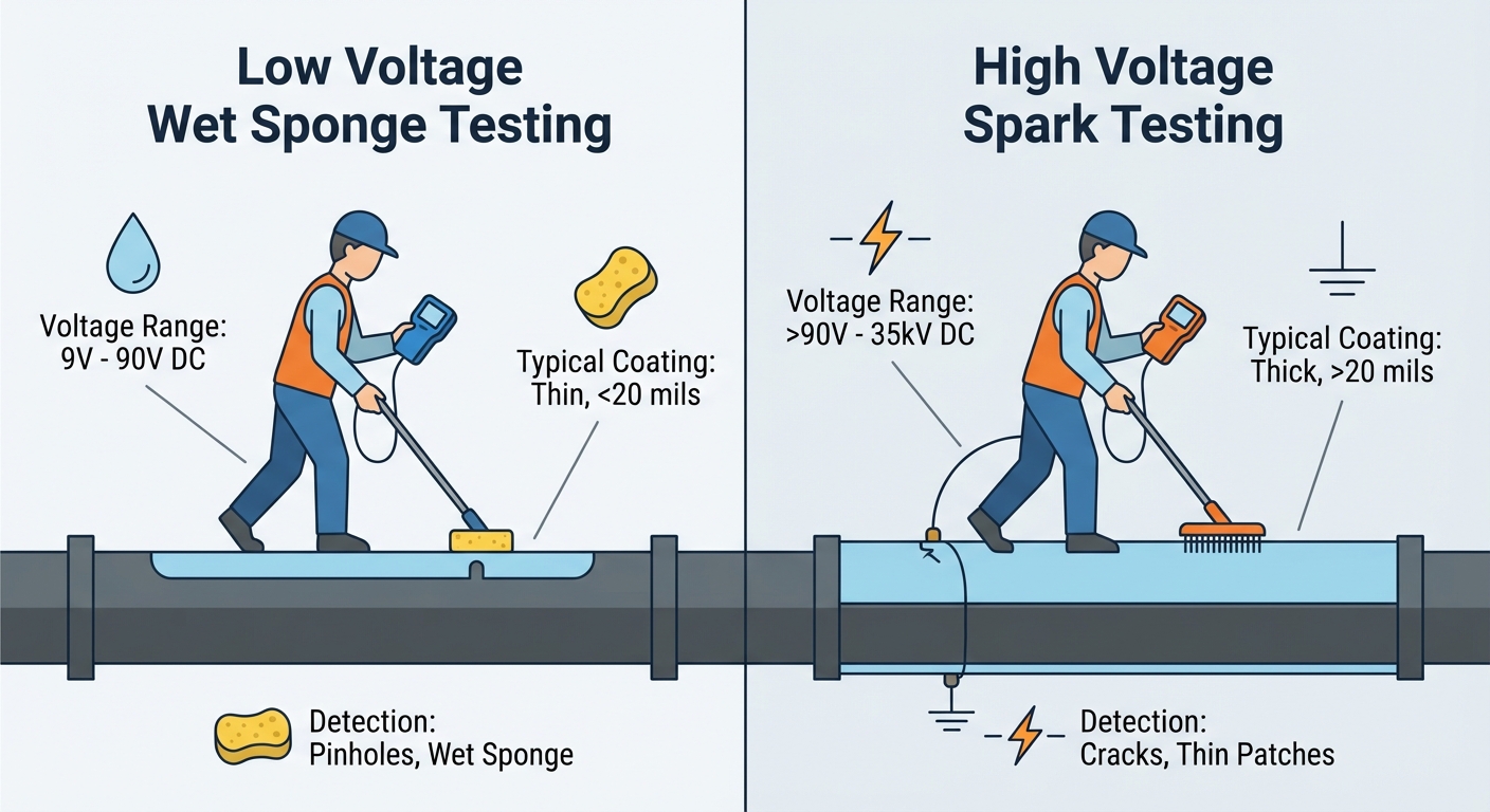 Illustration comparing low-voltage wet sponge and high-voltage spark holiday testing on pipeline coating, showing tools, voltage ranges, and defects detected