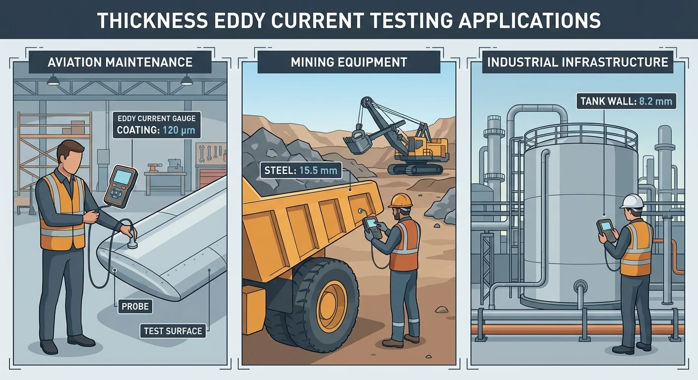 Illustration of technicians using eddy current gauges to measure coating and metal thickness on aircraft, mining trucks, and industrial tanks