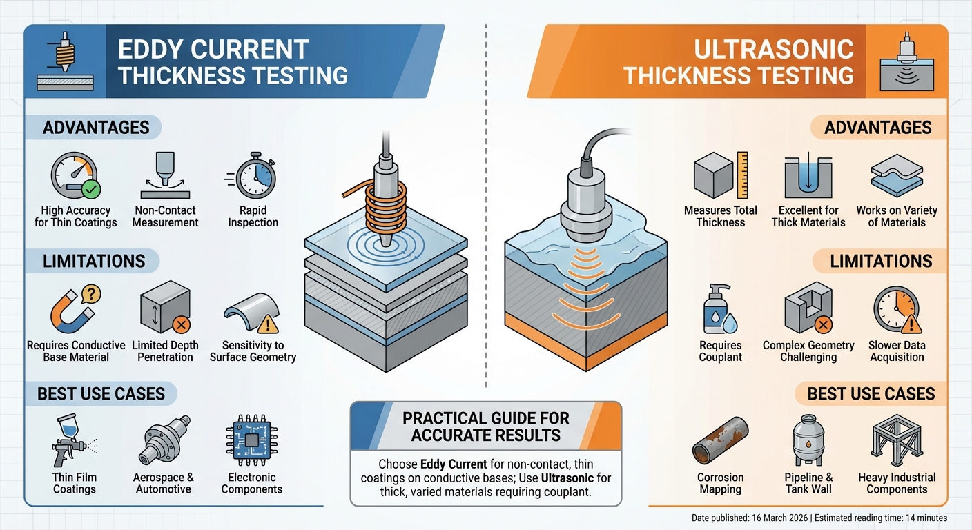 Infographic comparing eddy current vs ultrasonic thickness testing for coating and metal checks