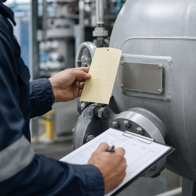 Inspector checking industrial pressure vessel with tags and clipboard, illustrating AS/NZS 3788 safety compliance requirements
