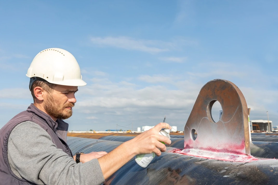 View of the dye penetrant inspection, also called liquid penetrate inspection or penetrant testing (PT)