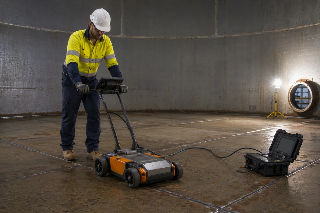 Technician operating a magnetic flux leakage floor scanner inside a storage tank