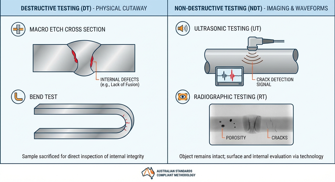 Diagram comparing destructive testing methods like macro etch and bend tests with NDT methods like ultrasonic and radiographic testing