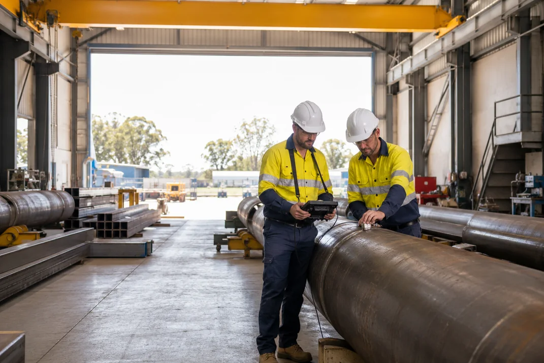 NDT technicians inspecting a pipe weld with ultrasonic equipment in an Australian workshop