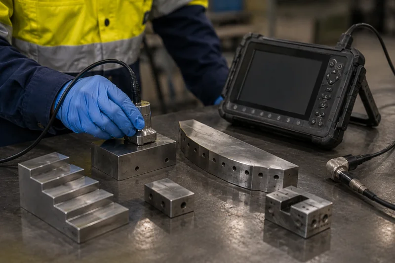 Ultrasonic calibration blocks and reference standards used to verify instrument accuracy