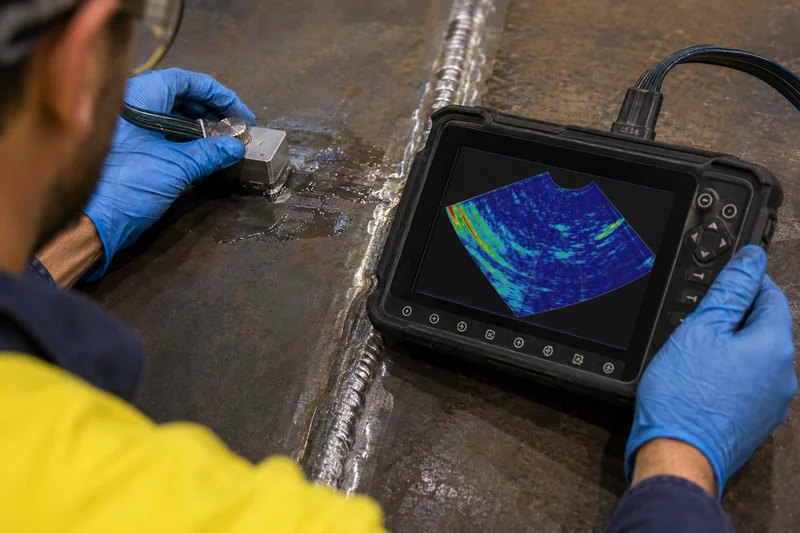 Phased array sectorial scan displayed on the instrument while scanning a weld, with couplant on the steel