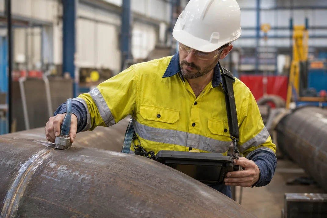 NDT technician scanning a pipe girth weld with a phased array ultrasonic probe