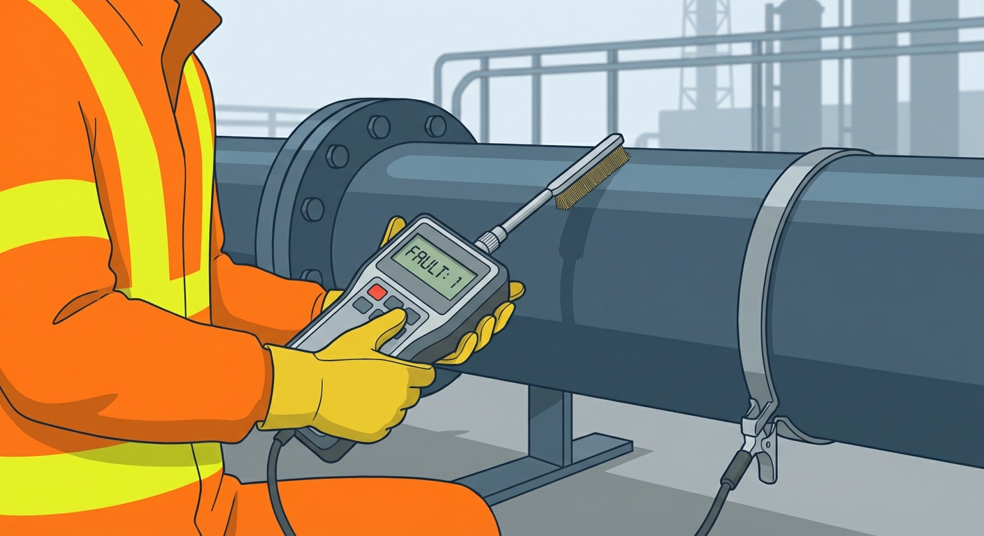 Technician in hi-vis suit using holiday detector on steel pipeline coating, handheld meter showing fault during pre-backfill quality testing