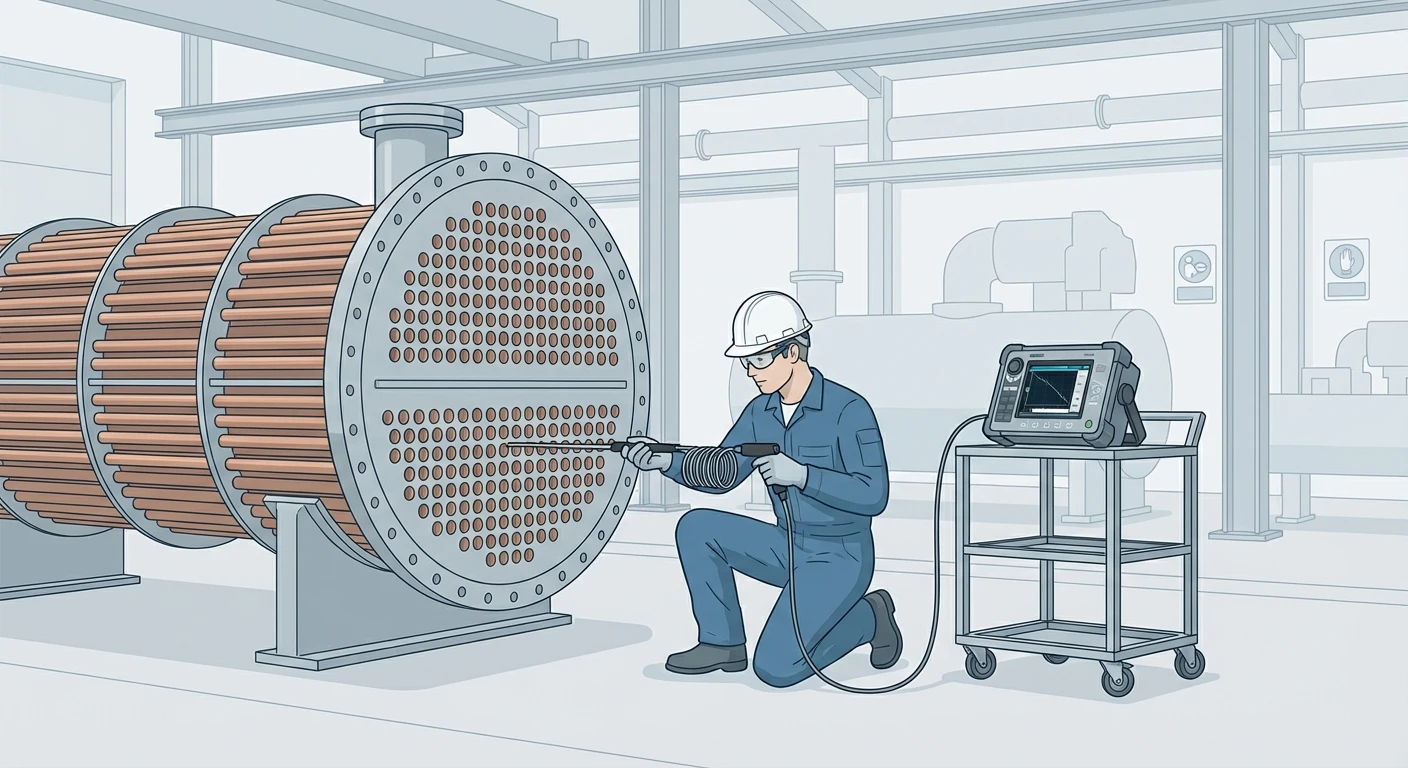 Technician performing eddy current testing on large heat exchanger tubes at an Australian industrial plant