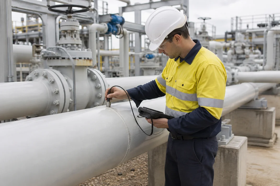 Technician carrying out ultrasonic inspection on a welded gas pipeline at a processing plant