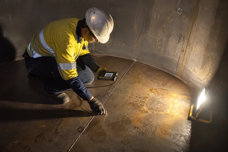 Inspector taking an ultrasonic thickness reading on the floor plate inside an empty storage tank